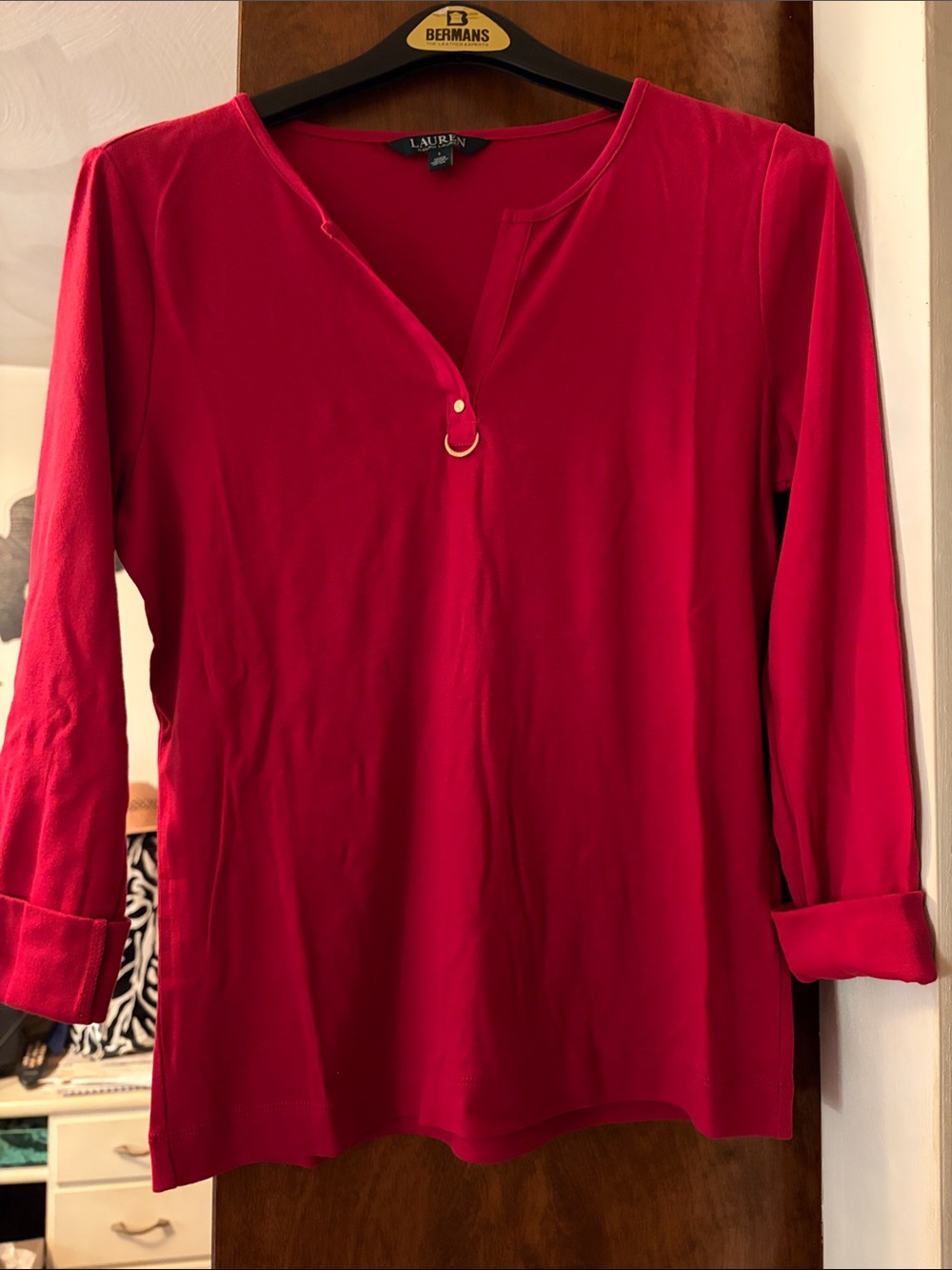Lauren Ralph Lauren Red Long Sleeve V-Notch Top with Gold Accent